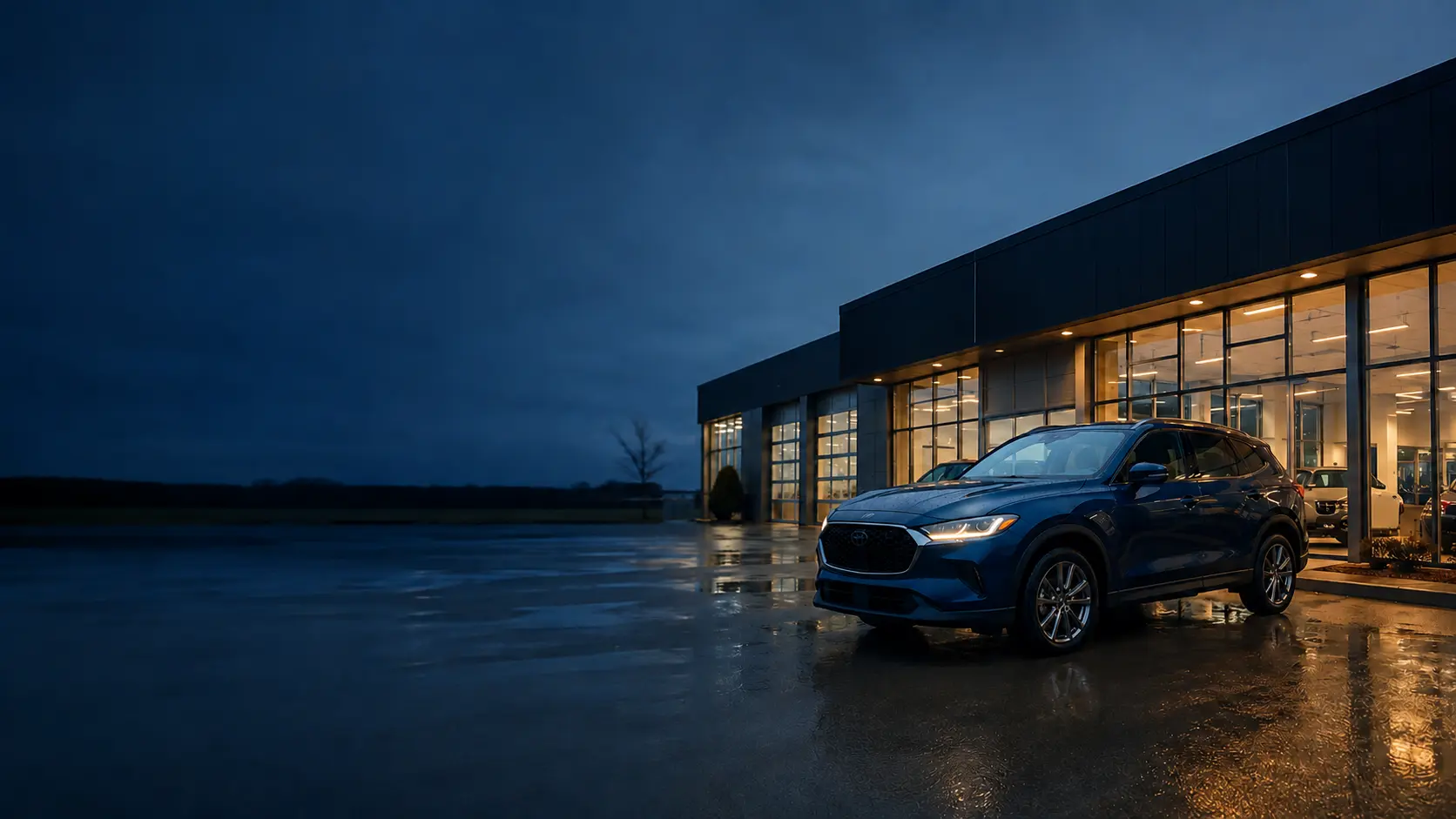 Synthetic image of a dark blue SUV outside a modern automotive centre at dusk