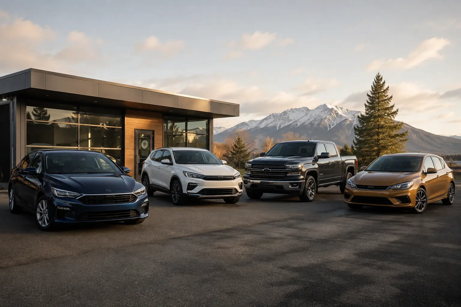 Synthetic image of vehicles outside an automotive showroom
