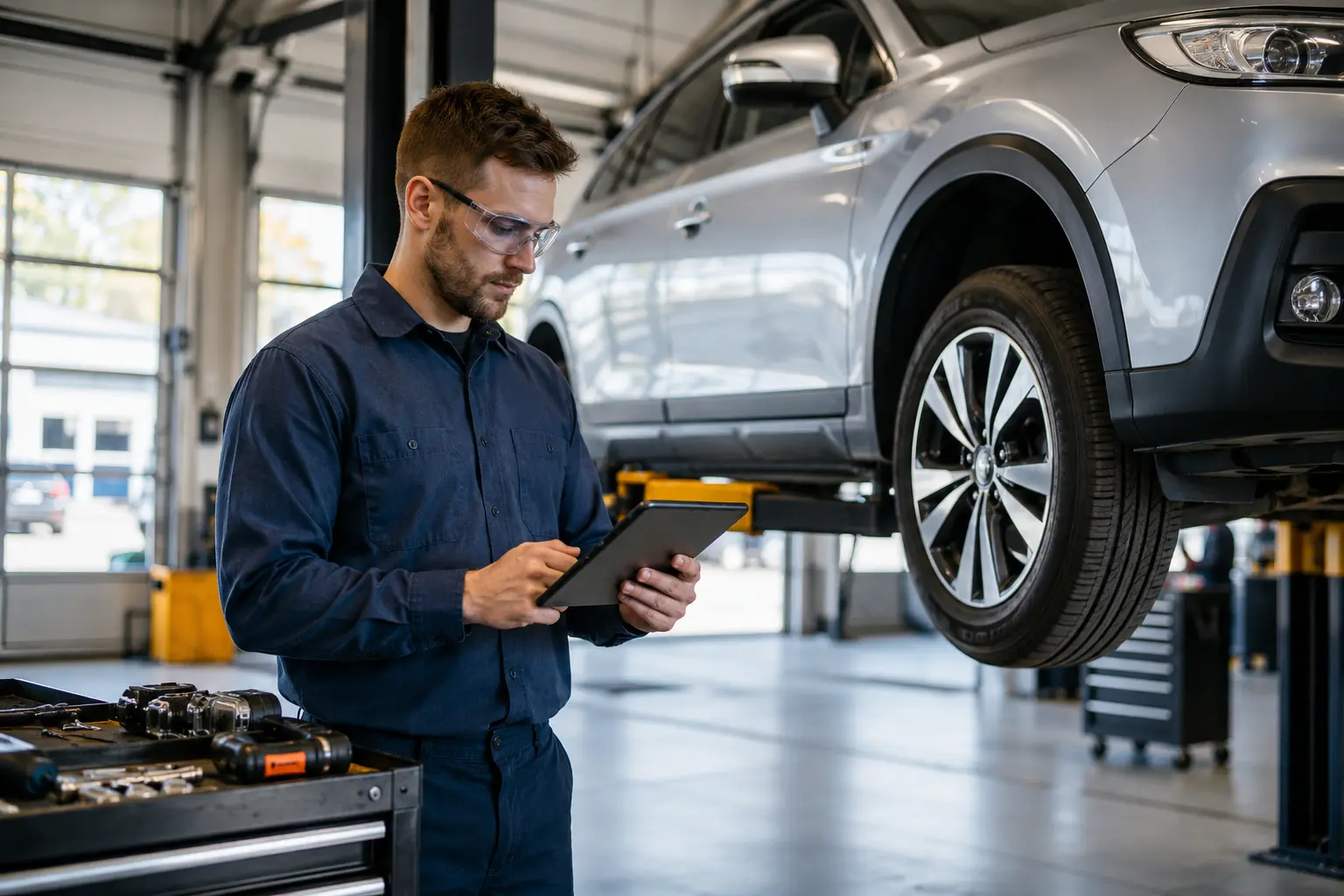 Synthetic image of a technician checking a vehicle in a service bay